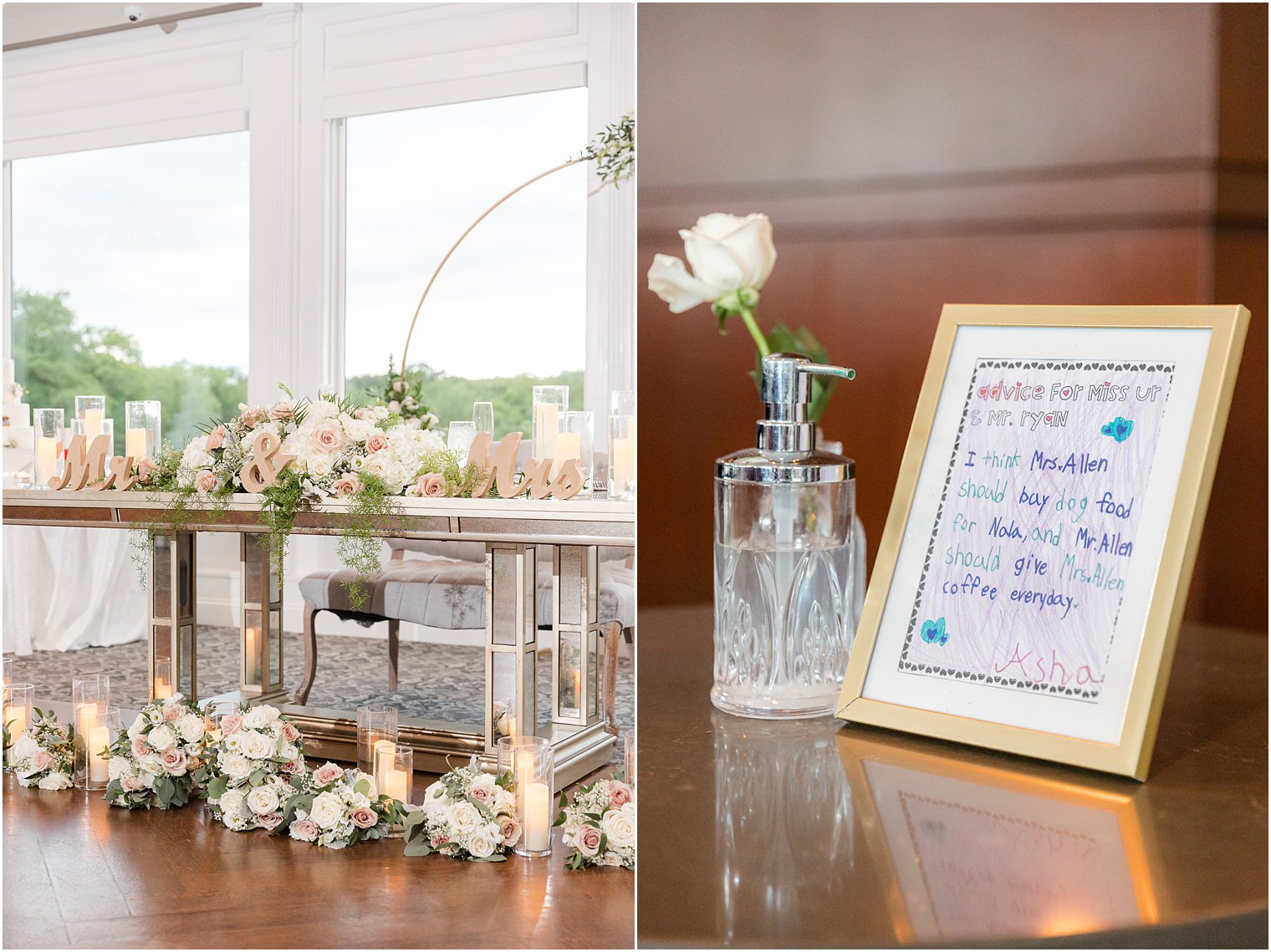 sweetheart table and handwritten note from kid
