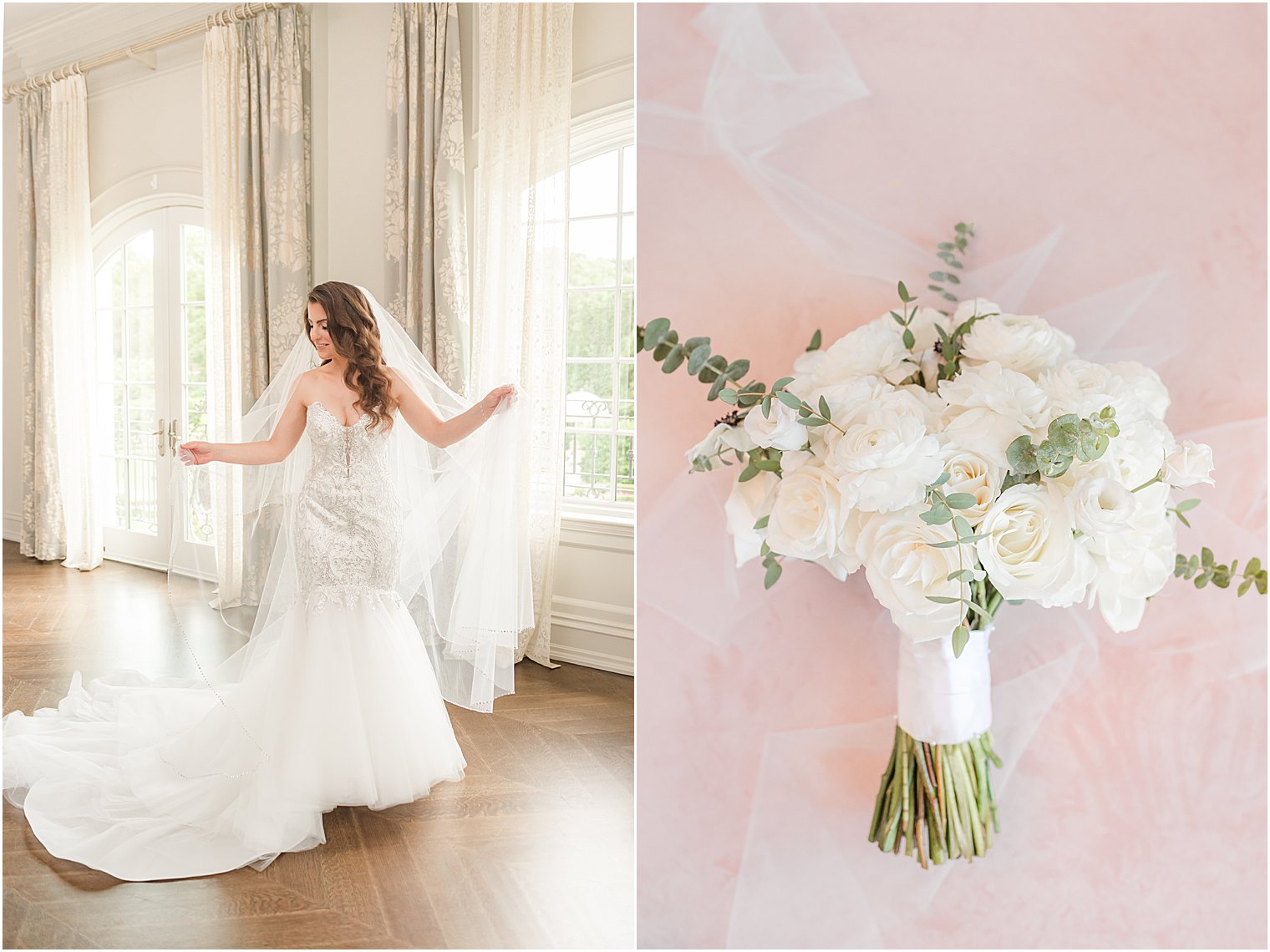 bride shows off wedding dress and veil in bridal suite of Park Chateau Estate