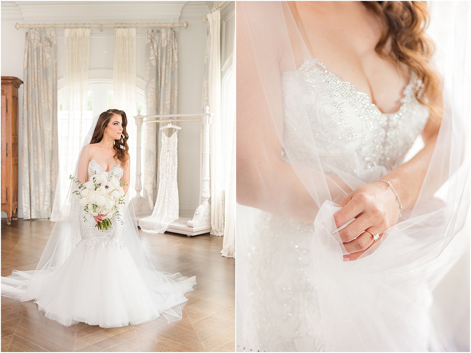 bride holds bouquet of flowers in bridal suite at Park Chateau Estate