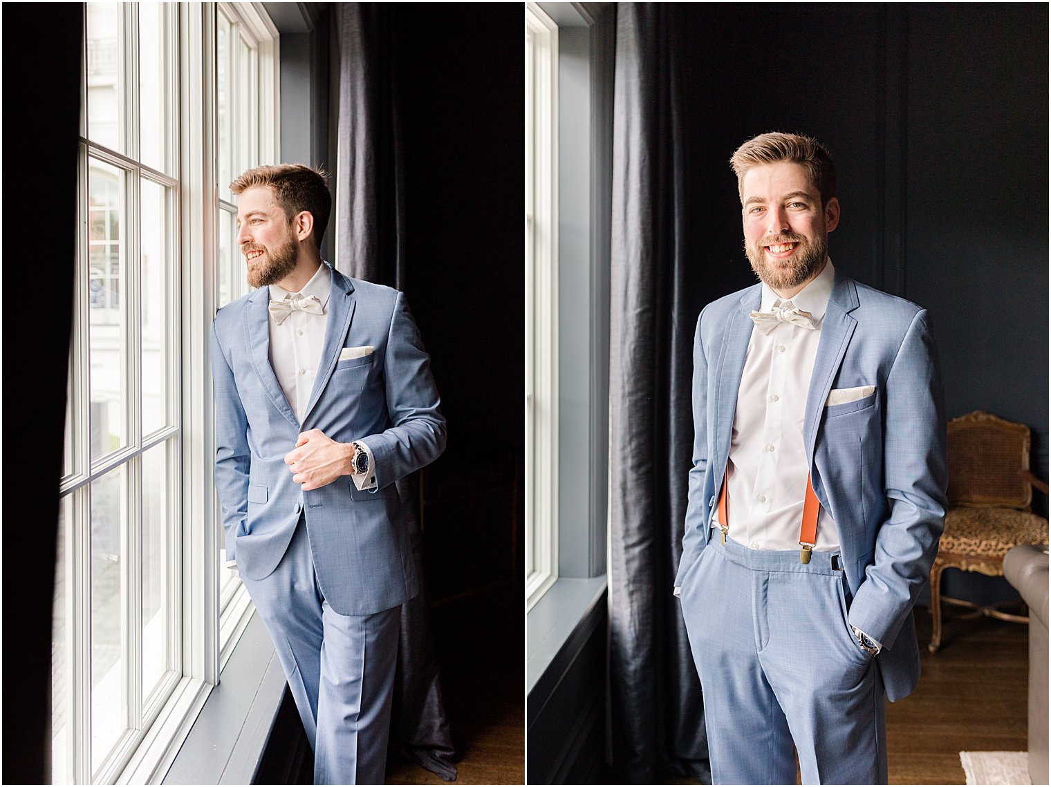 groom leans against window before NJ wedding