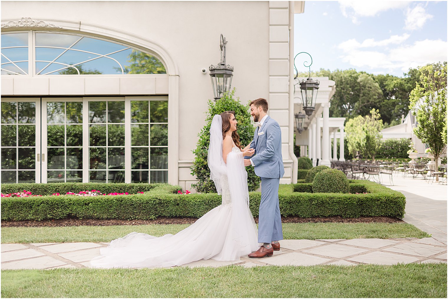 bride and groom meet for first look outside Park Chateau Estate