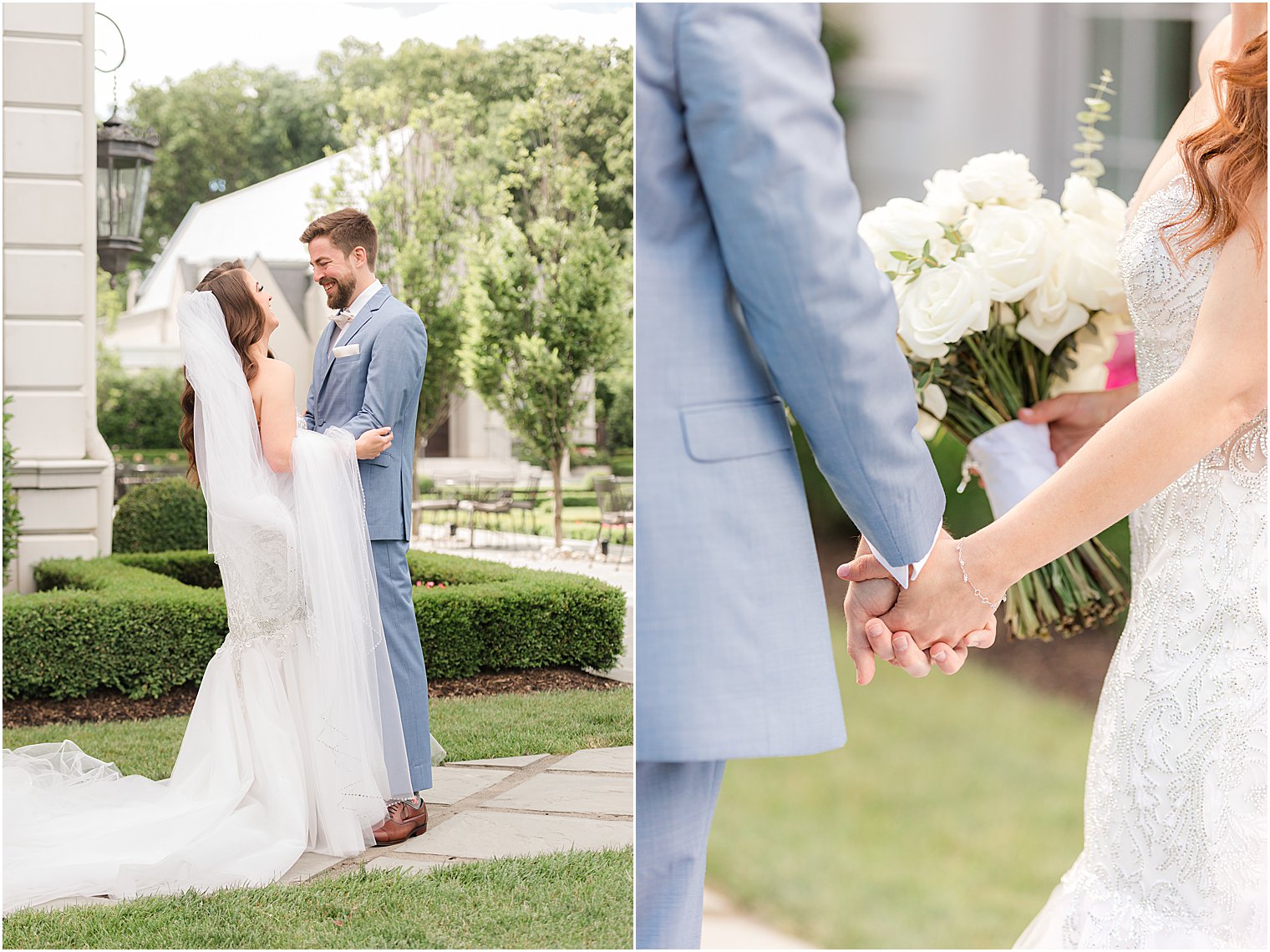 newlyweds hold hands during first look in New Jersey 