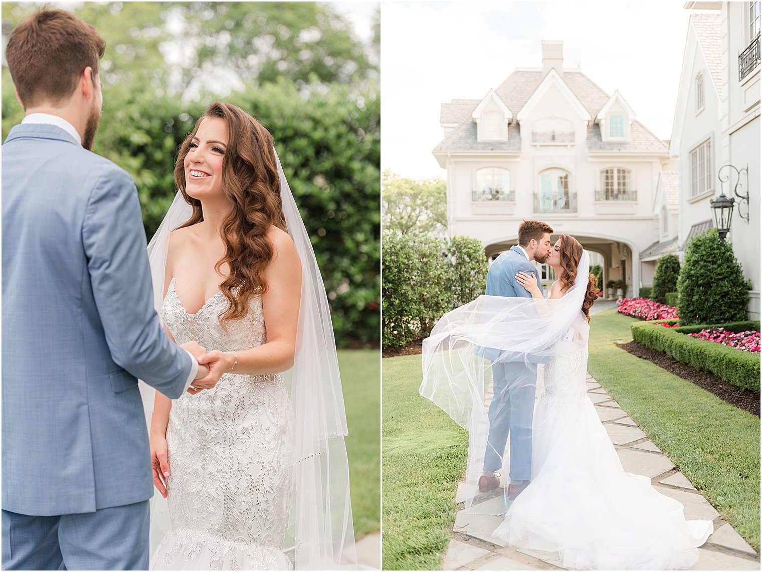 bride and groom hug on lawn of Park Chateau Estate