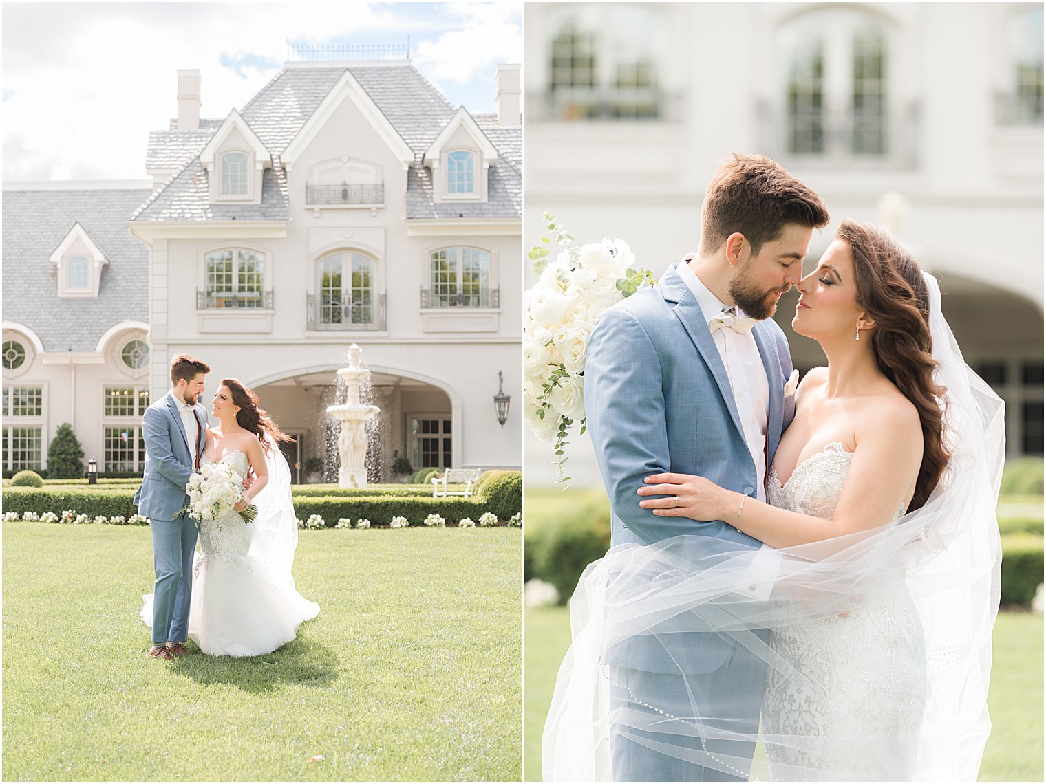 bride and groom kiss on lawn of Park Chateau Estate