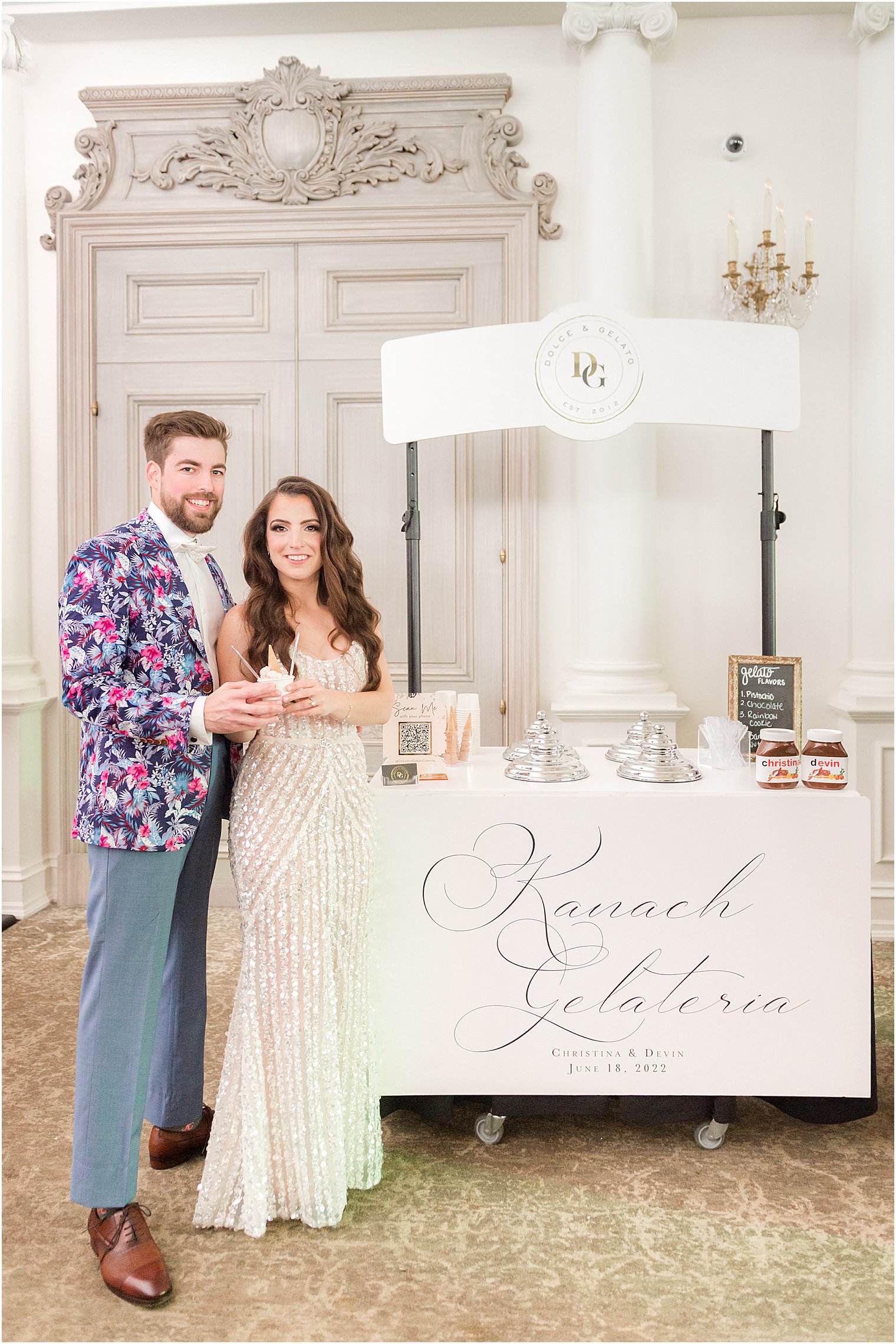 bride and groom stand by gelato cart at Park Chateau Estate