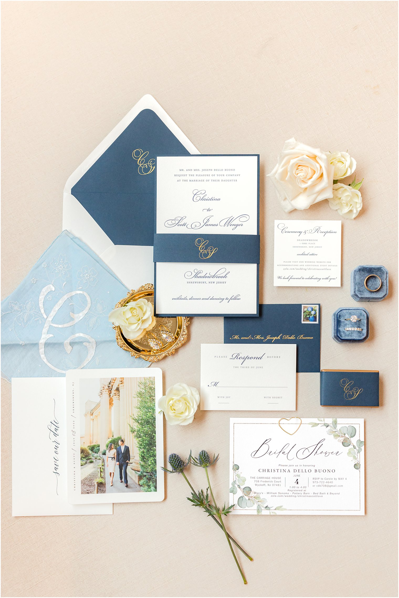 elegant invitation suite with navy details for summer wedding in New Jersey