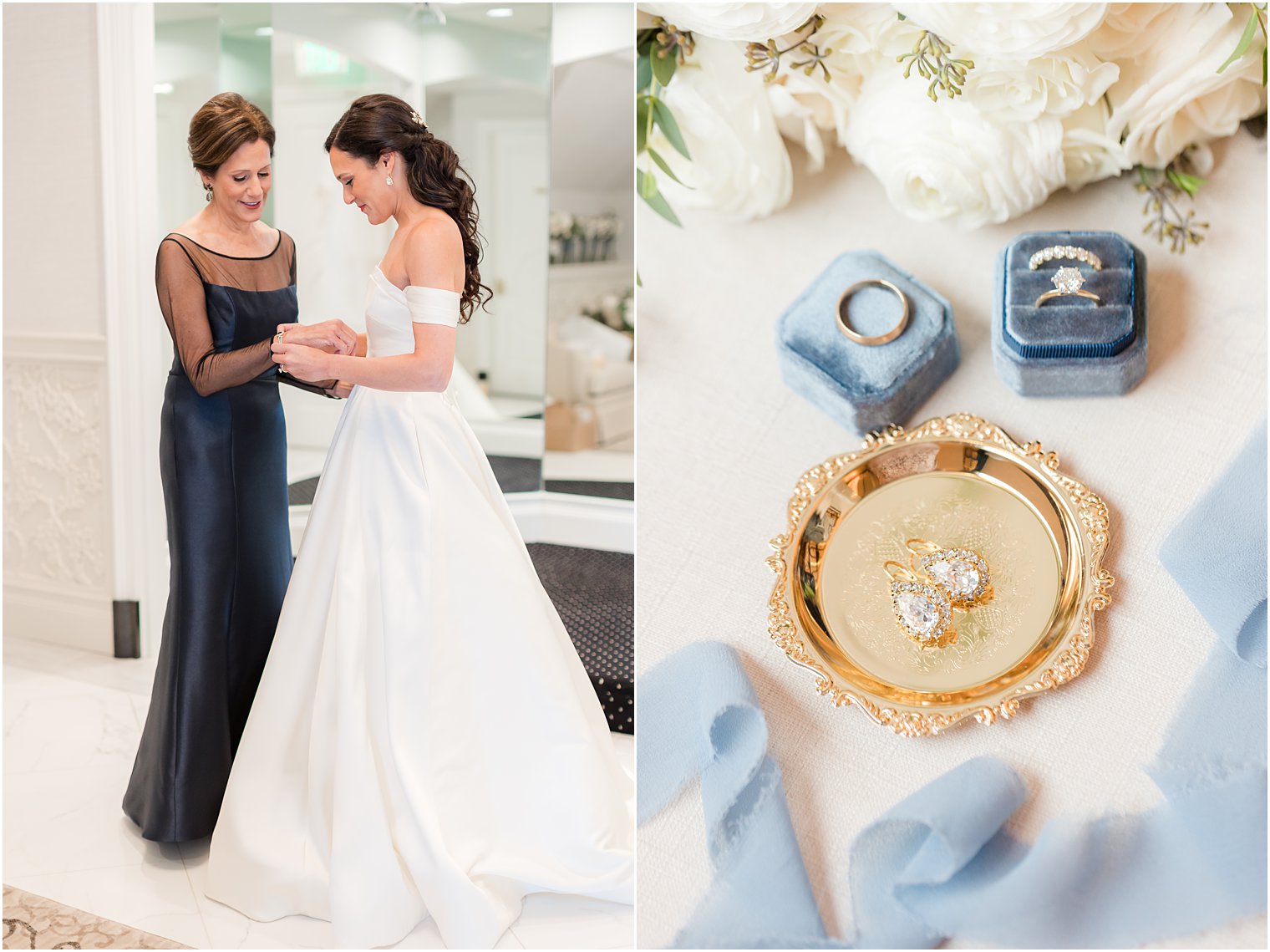 mother helps bride with bracelet before wedding day at Shadowbrook at Shrewsbury