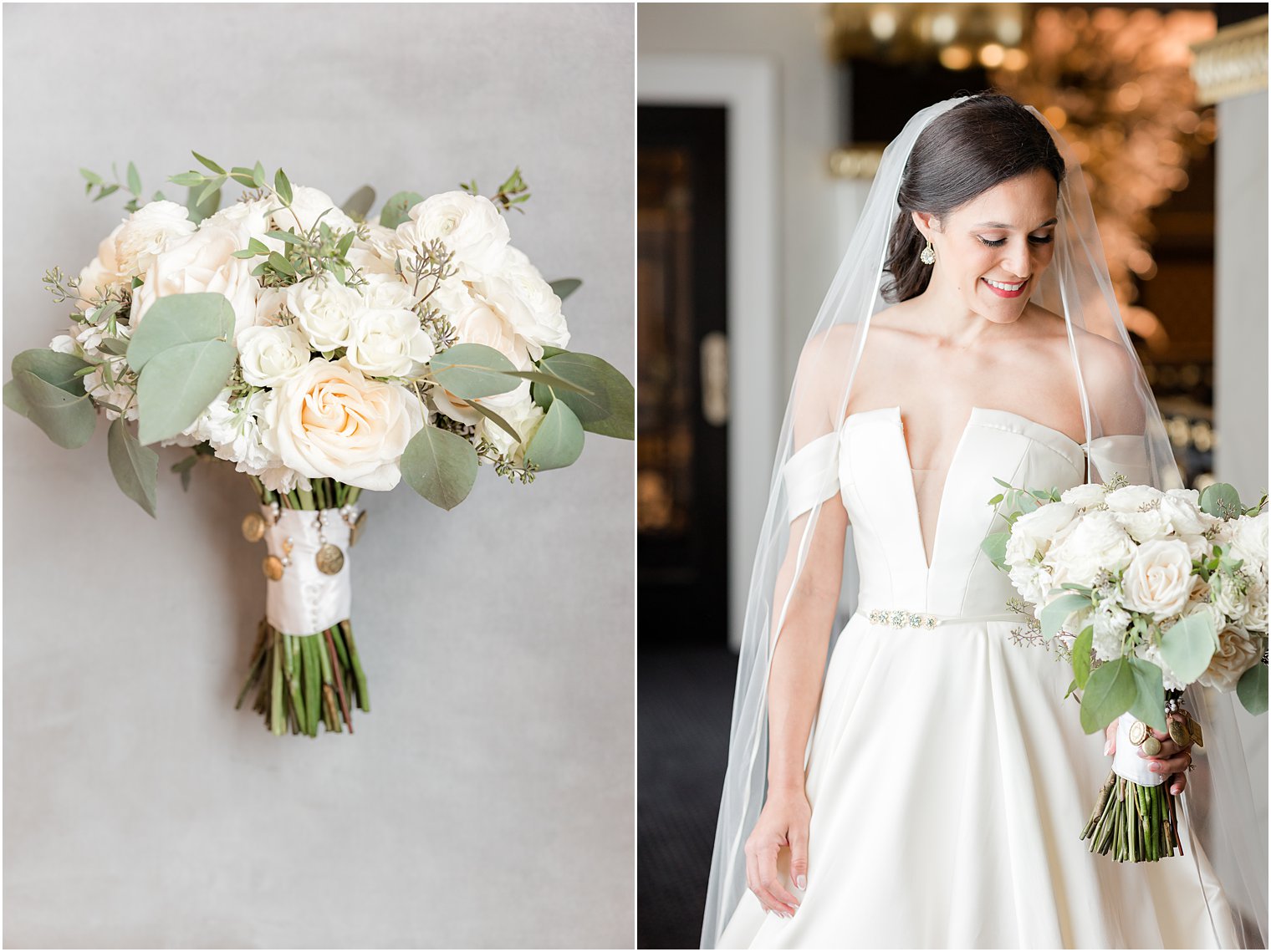 bride holds bouquet of ivory and pale pink flowers looking down