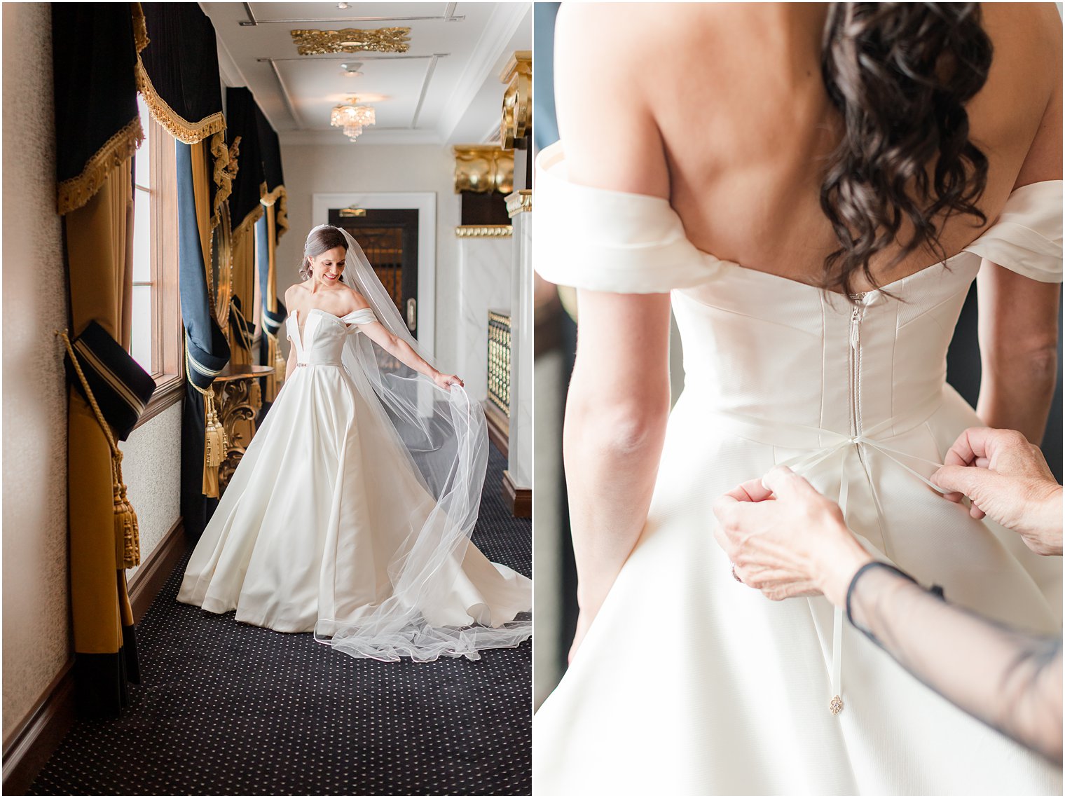 mother does bow on wedding gown for bride