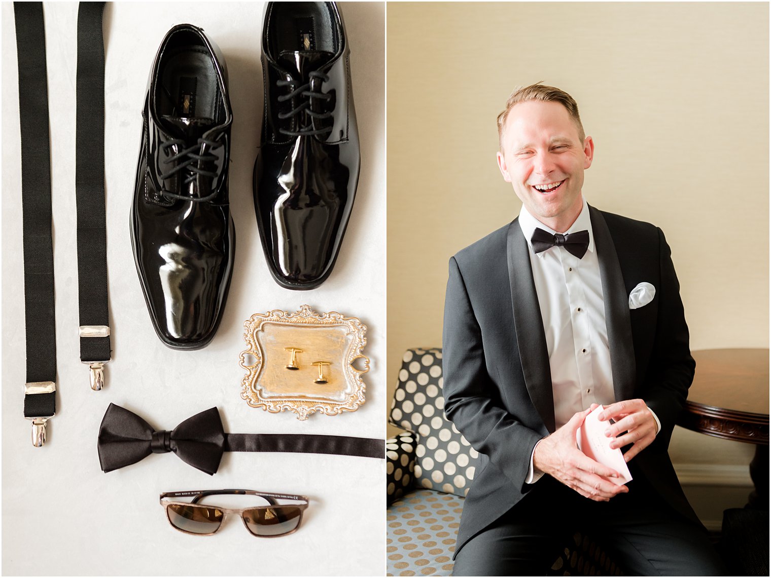 groom laughs during prep for NJ wedding day