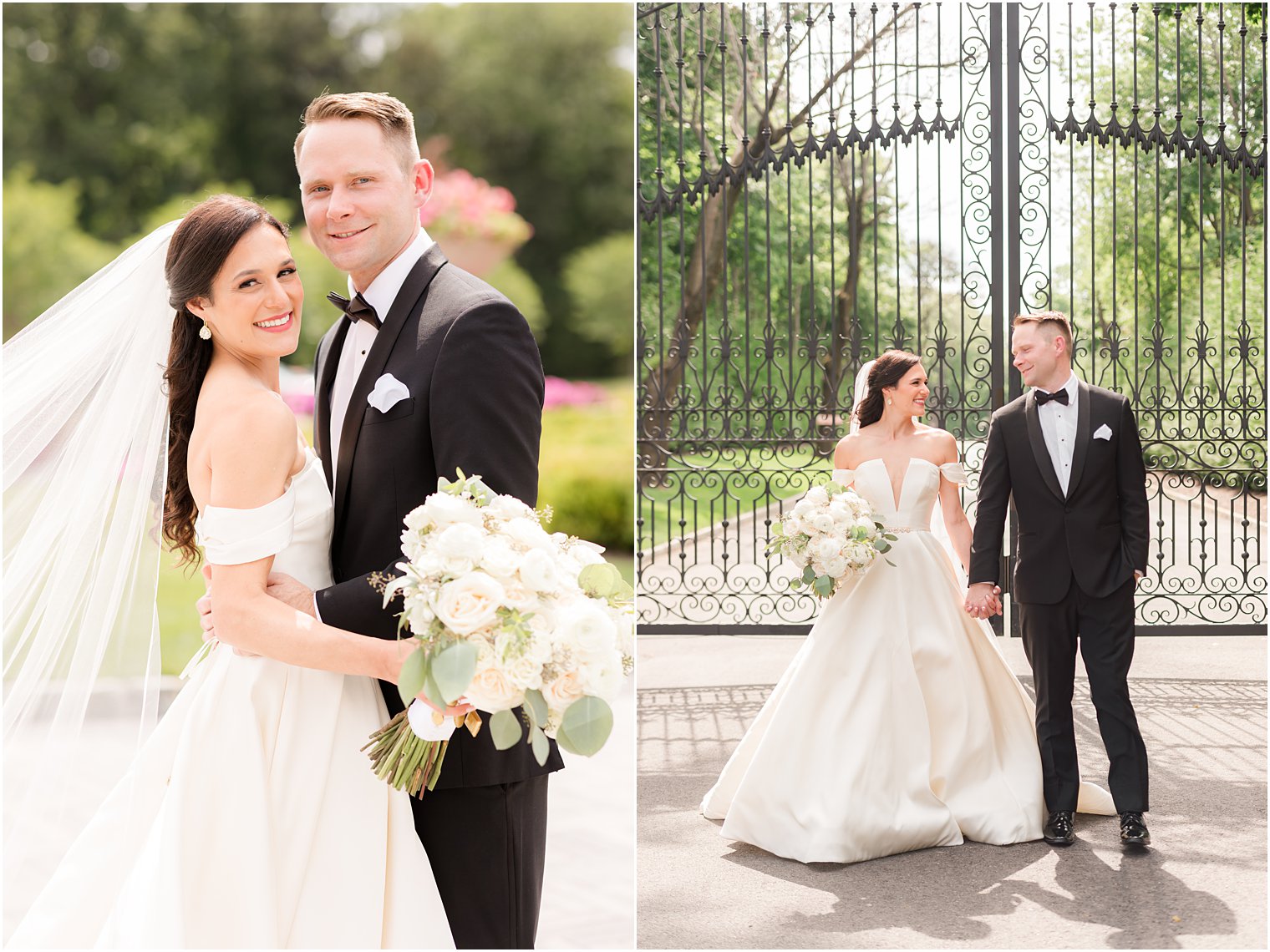 bride and groom pose outside gate at Shadowbrook at Shrewsbury