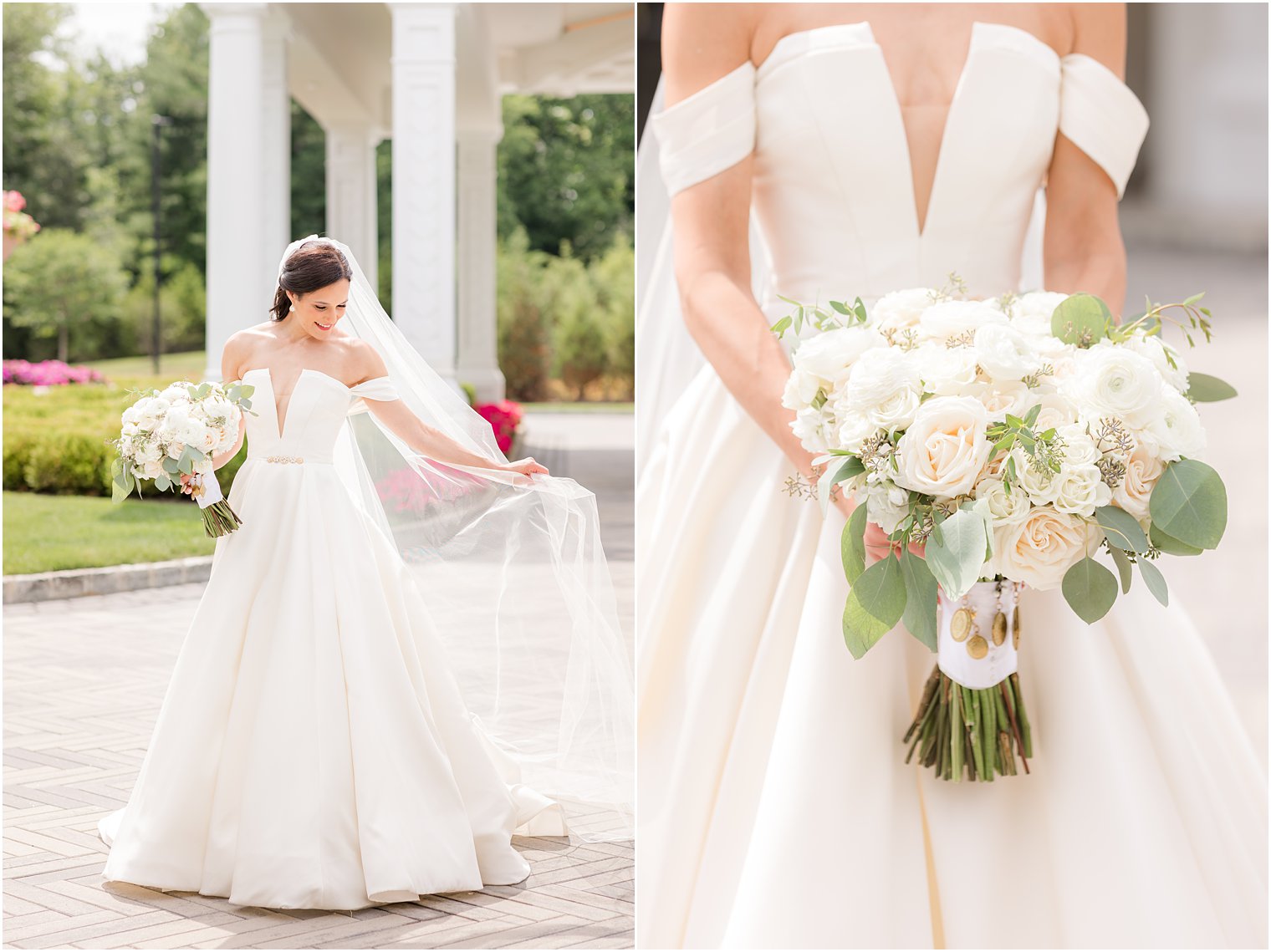 bride stands in off-the-shoulder gown holding out veil 