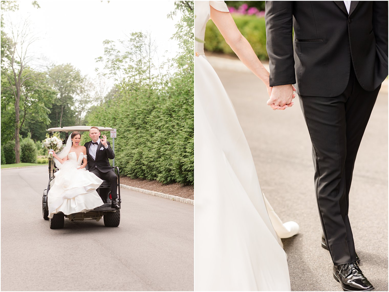 bride and groom ride on golf cart at Shadowbrook at Shrewsbury