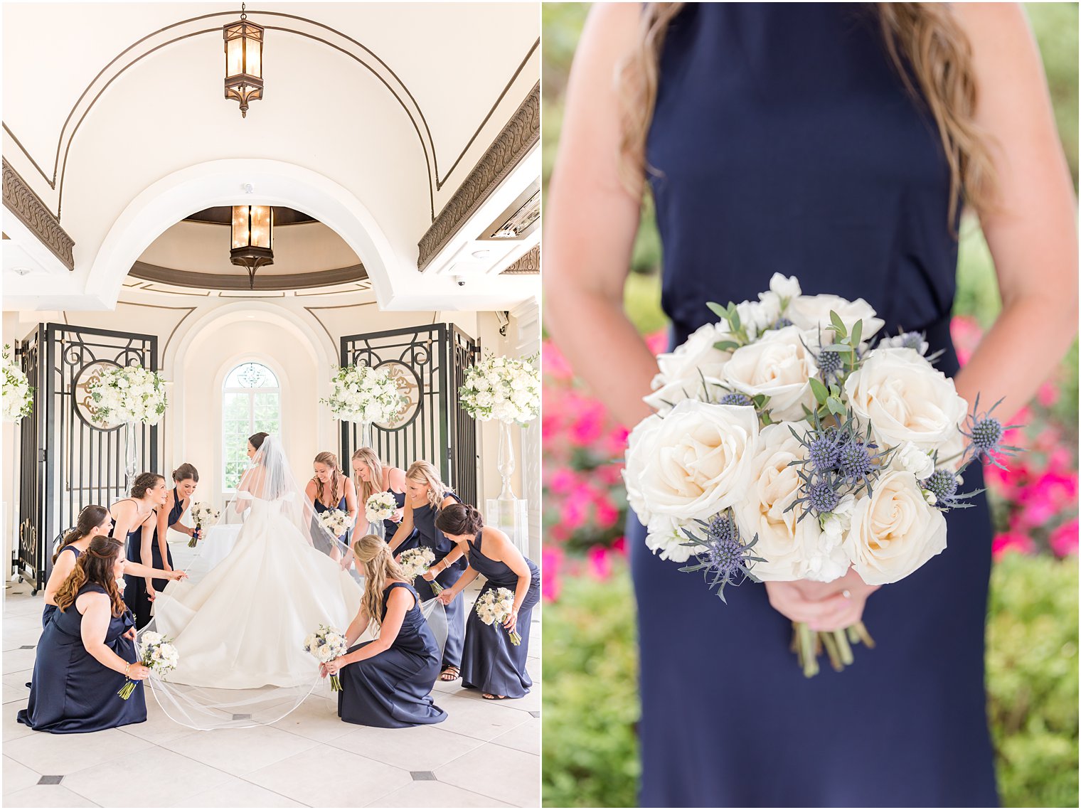 bridesmaids in navy gowns help bride with veil