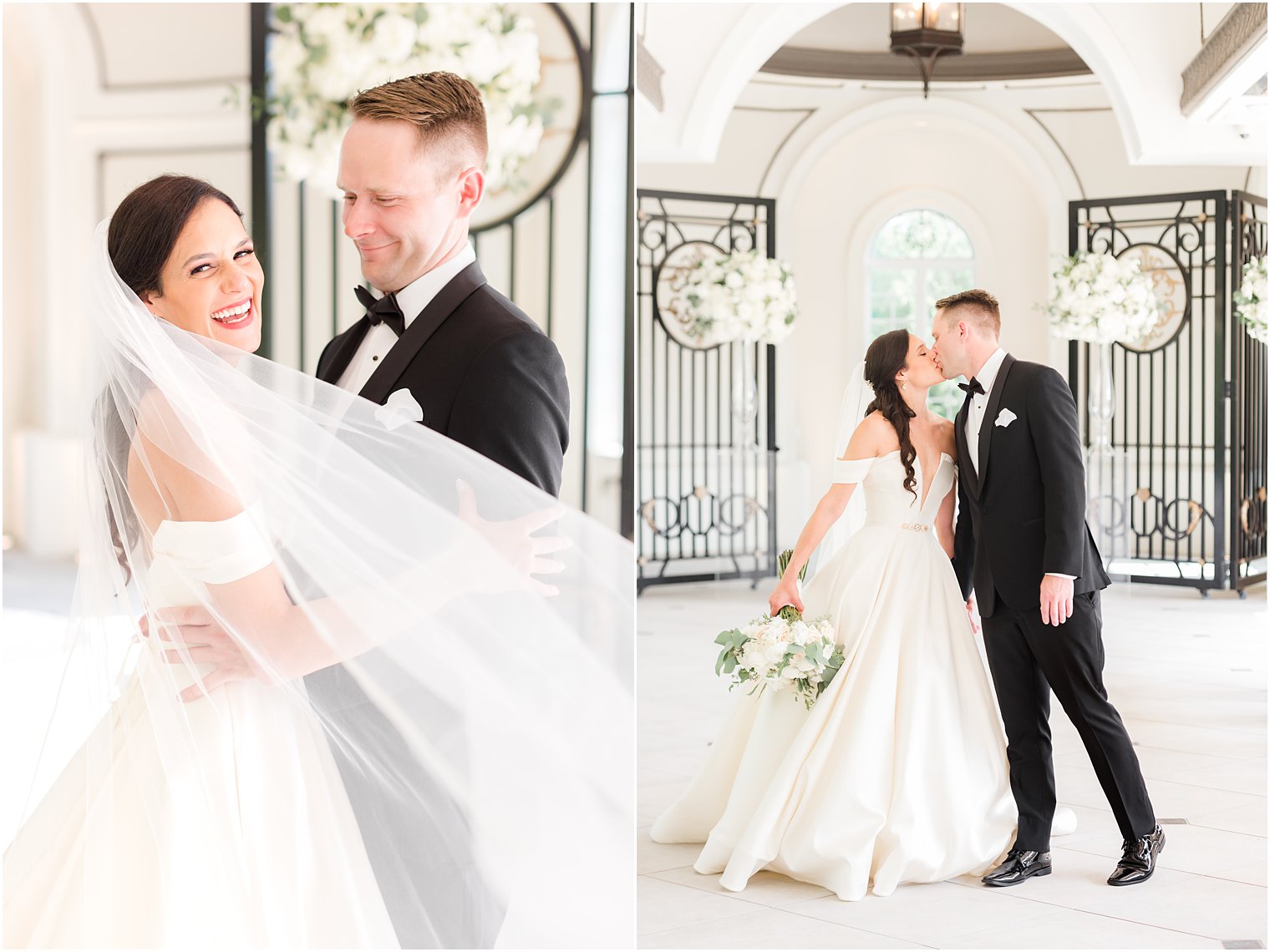 bride and groom hug by gates at Shadowbrook at Shrewbsury chapel