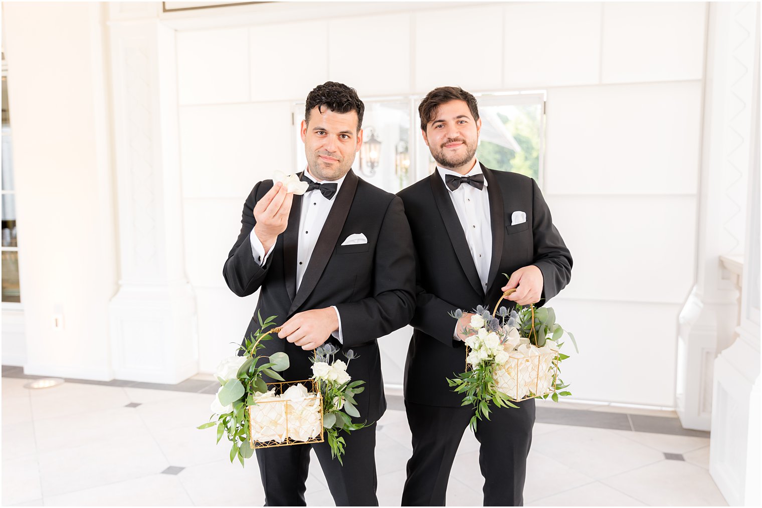 flower men show off white flower petals 