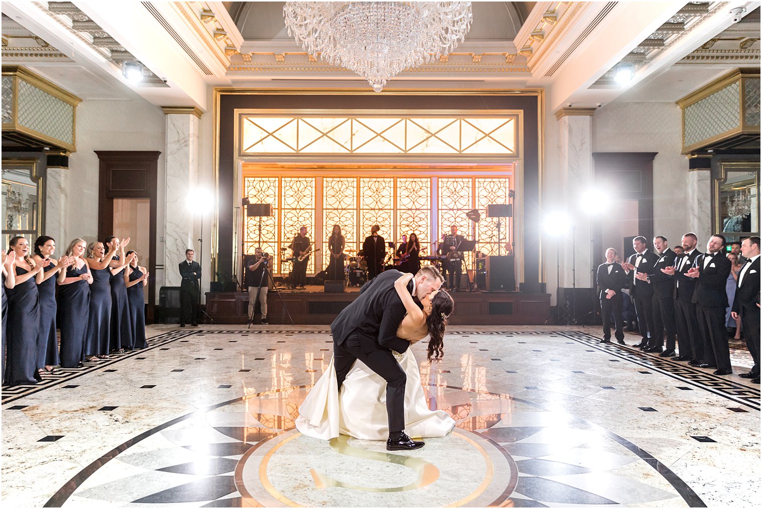 bride and groom kiss on dance floor at NJ wedding reception 