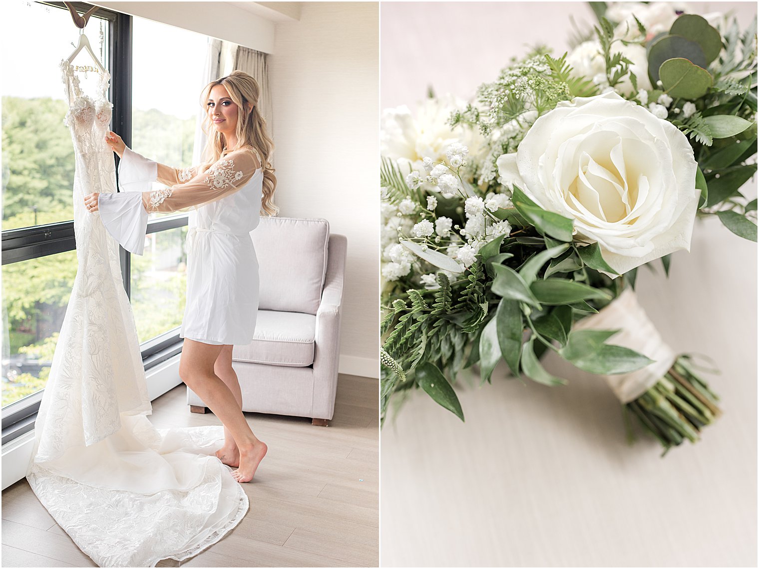 bride looks at wedding dress hanging in suite at The English Manor