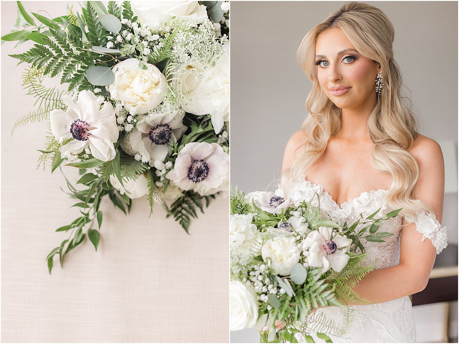 bride stands in window holding bouquet of flowers for The English Manor wedding