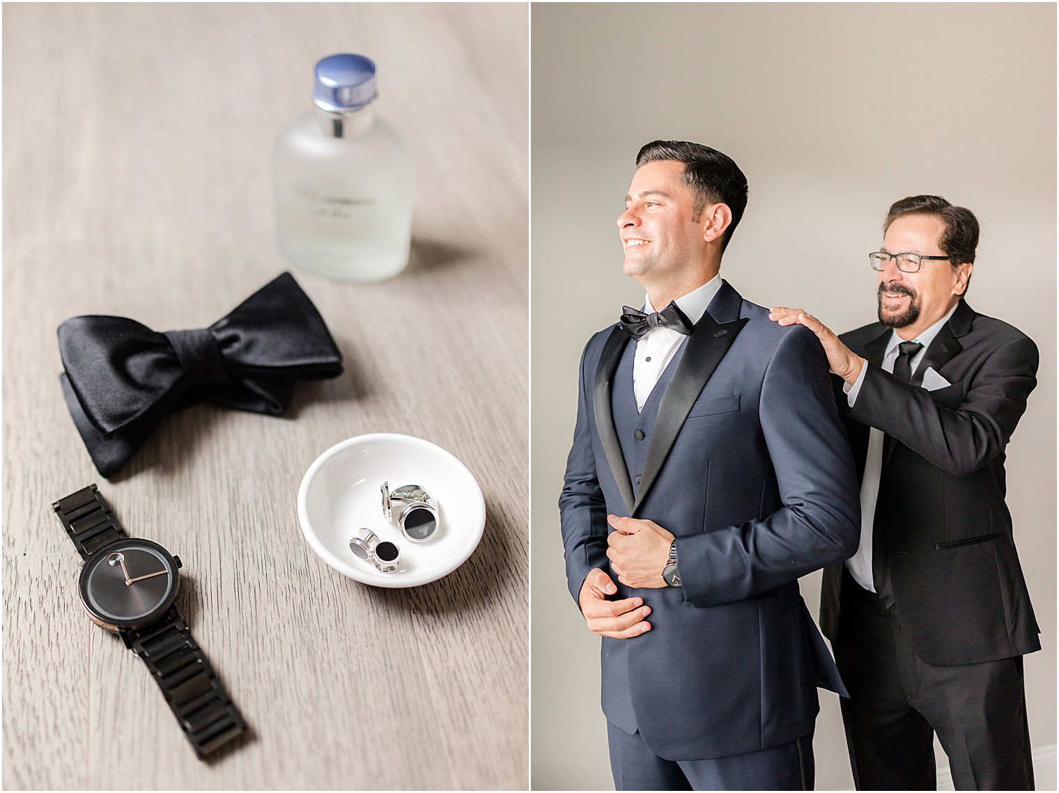 groomsman helps groom into suit jacket