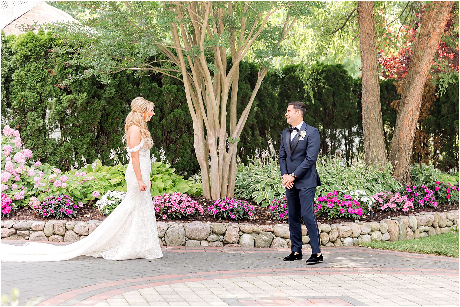 bride and groom meet outside The English Manor for first look