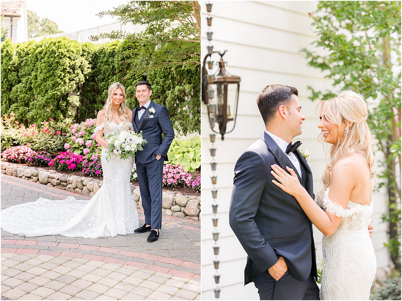 bride and groom pose outside The English Manor