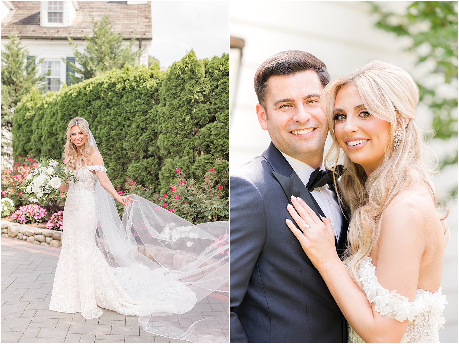 bride and groom lean heads together standing outside NJ wedding venue 