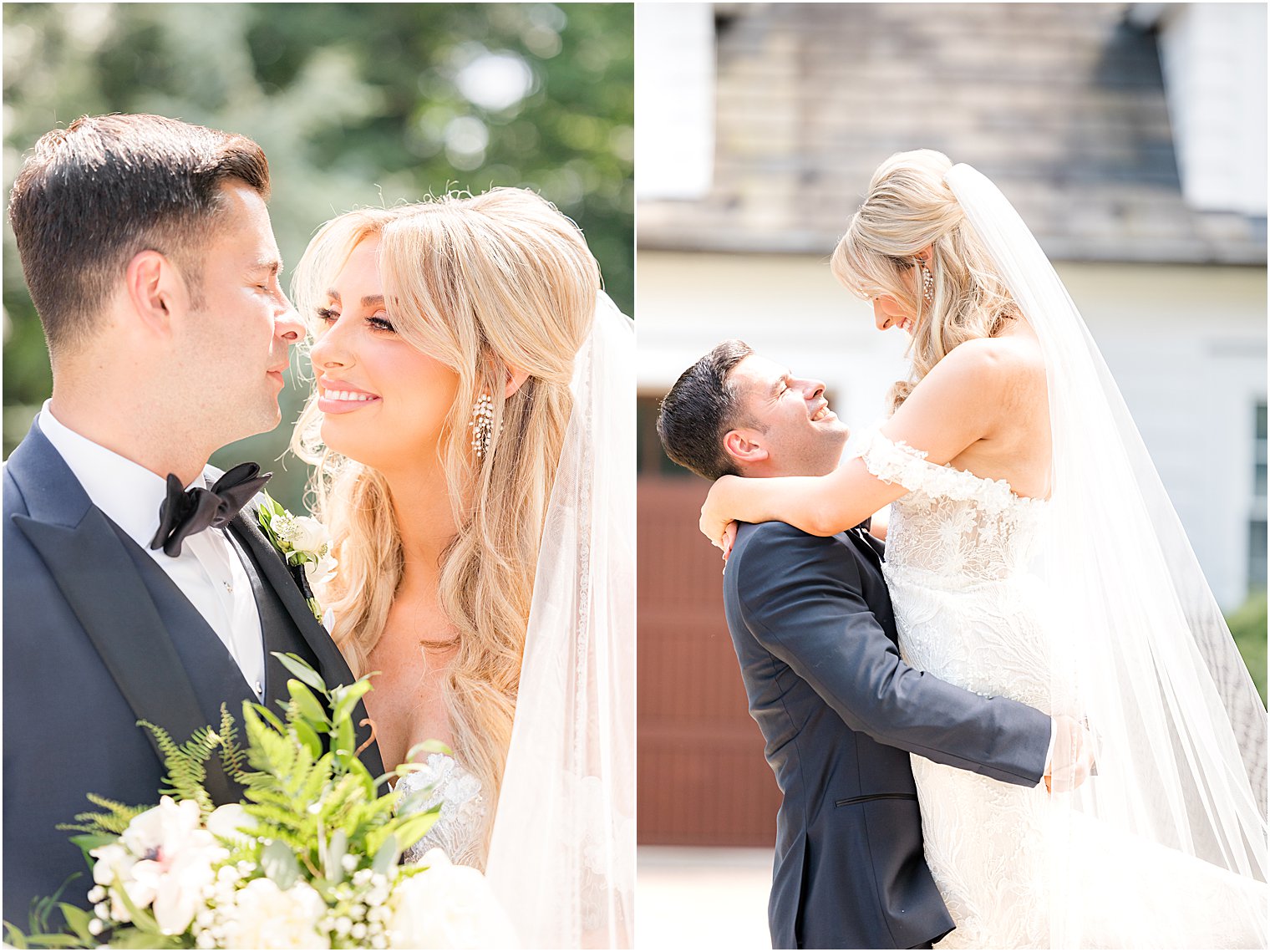 newlyweds lean heads together hugging in New Jersey