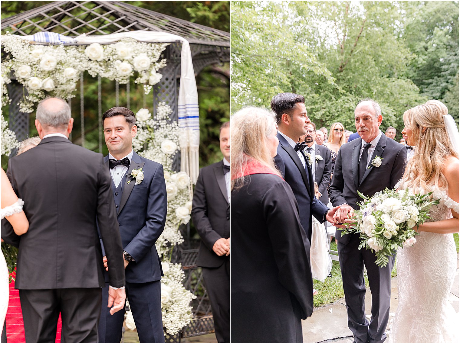 dad gives bride away during Jewish ceremony in the gardens of The English Manor