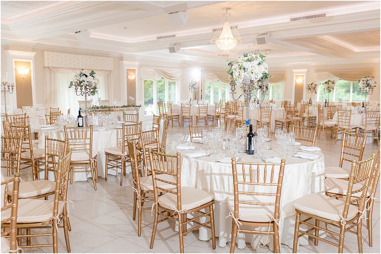 wedding reception with gold and champagne details at The English Manor