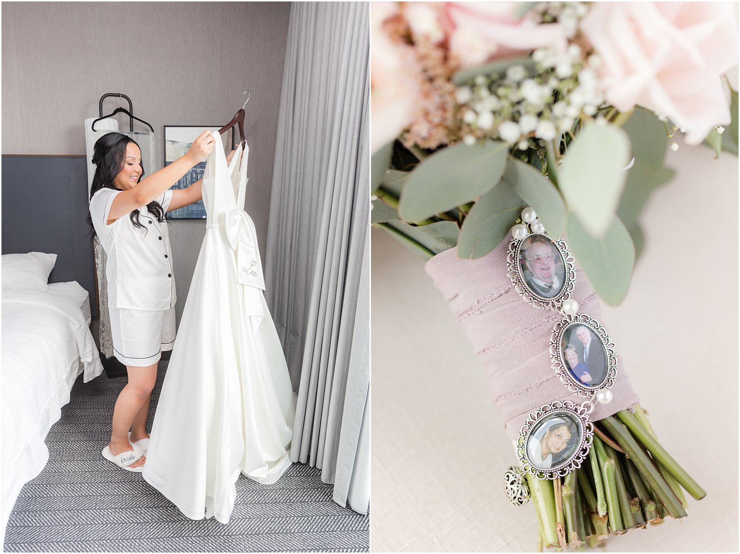 bride looks at wedding dress before Hamilton Manor wedding