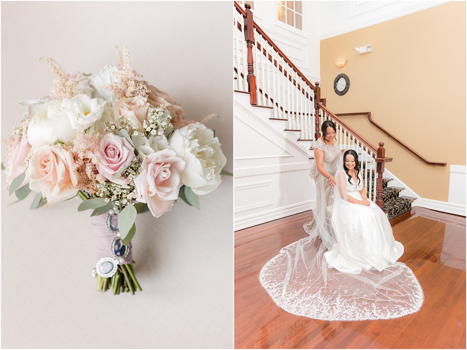 bride sits in wedding dress while mother drapes veil around her shoulders