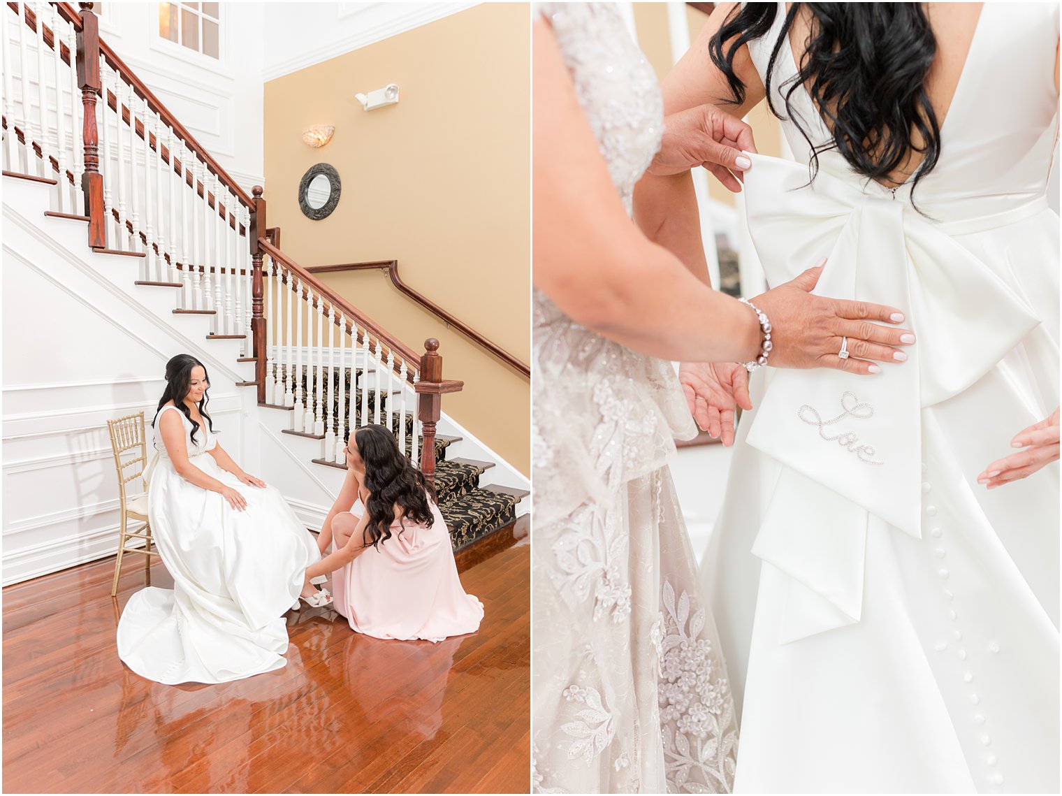 mother helps bride with bow on wedding gown