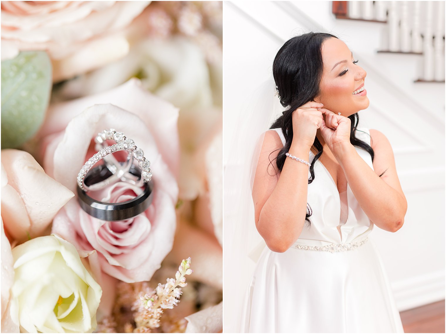 bride puts on earrings before NJ wedding