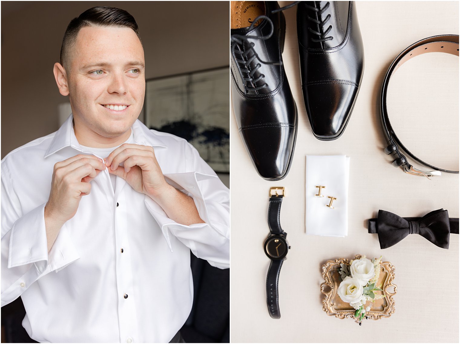 groom adjusts bowtie before NJ wedding 