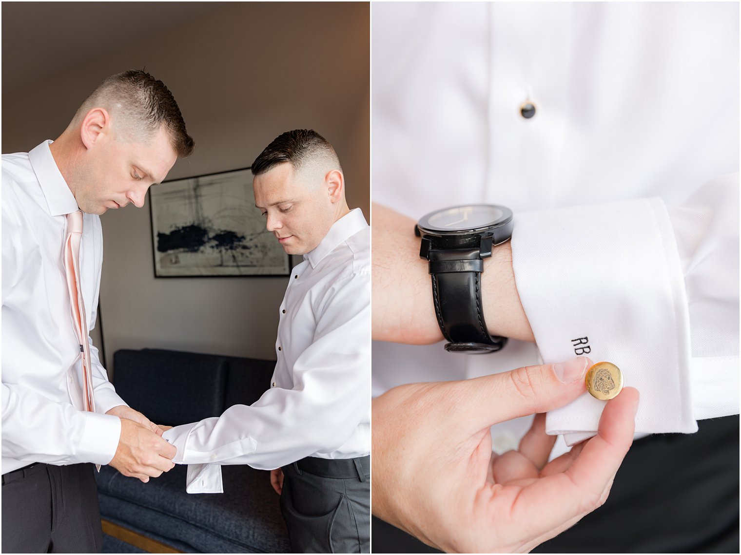 groomsman helps groom with gold cufflinks