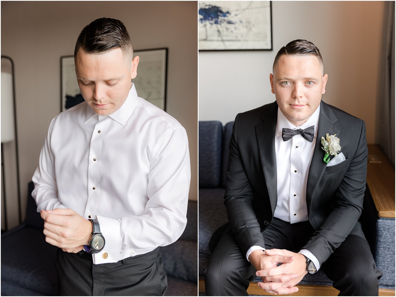 groom sits in black suit at Hamilton Manor