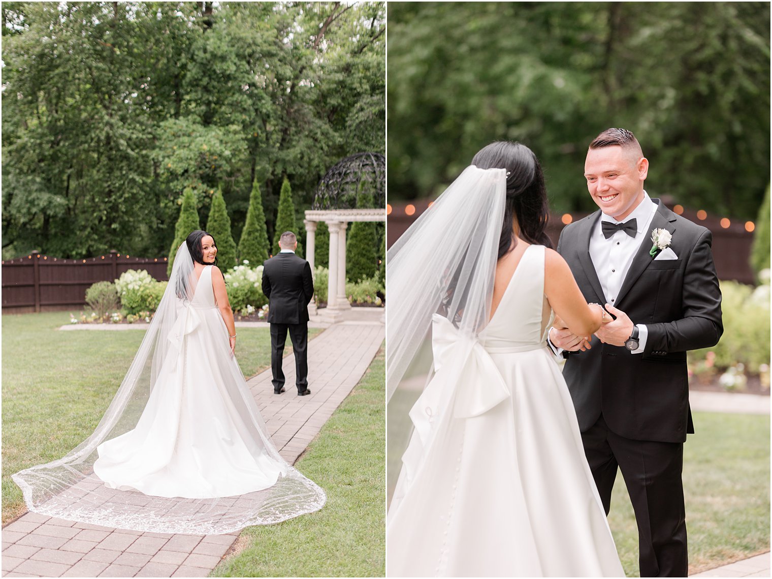 bride approaches groom for first look at Hamilton Manor