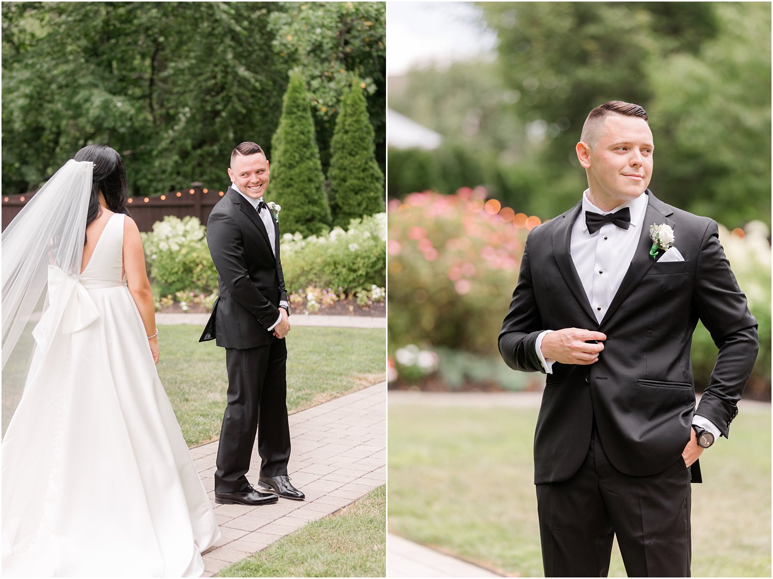 groom waits in garden for bride