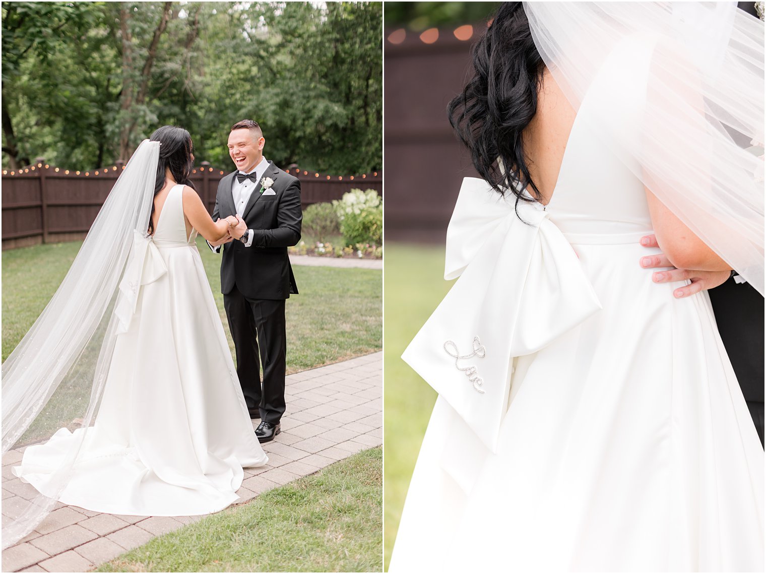 bride and groom smile together during first look at Hamilton Manor