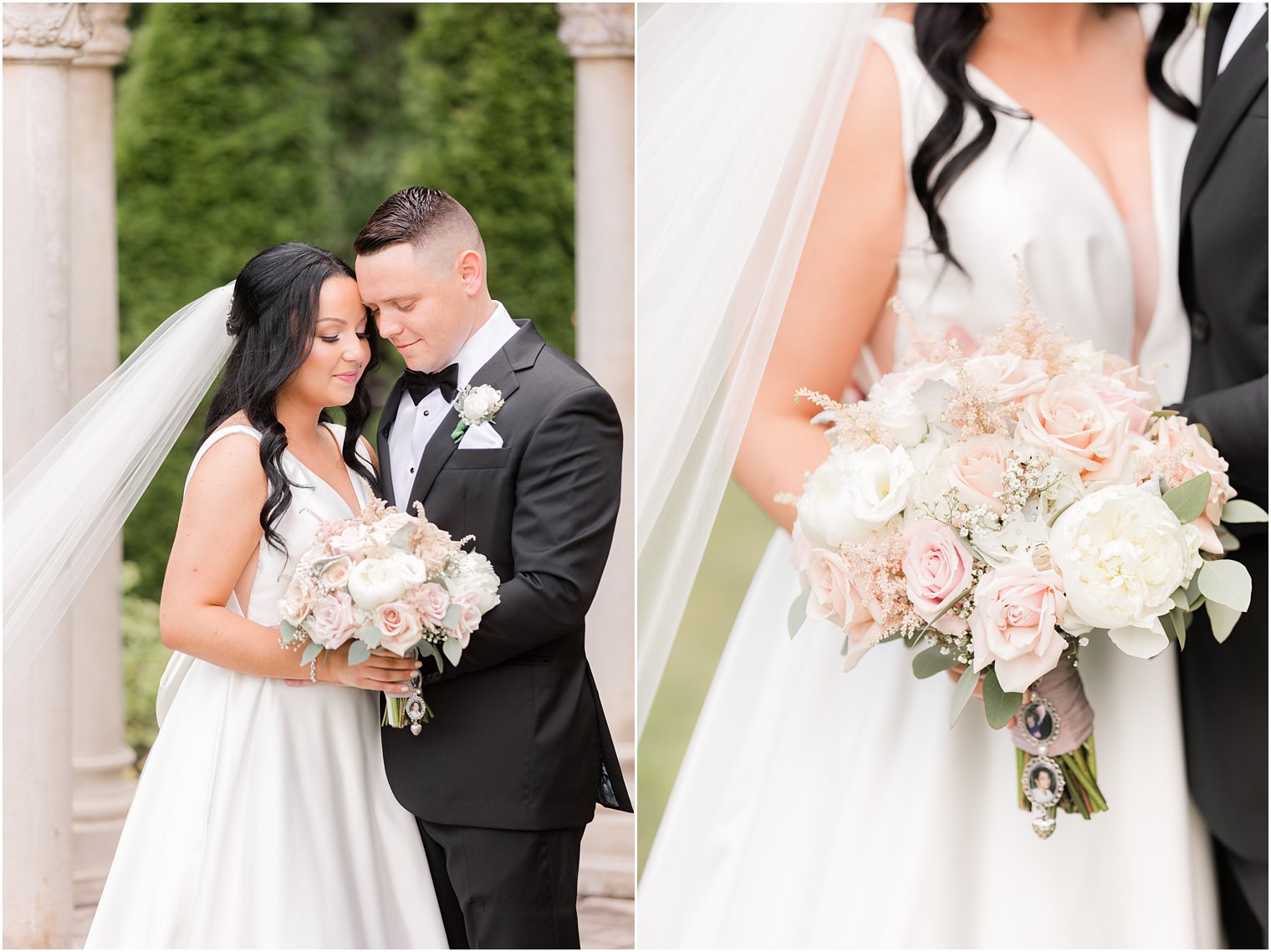 bride and groom hug by gazebo at Hamilton Manor