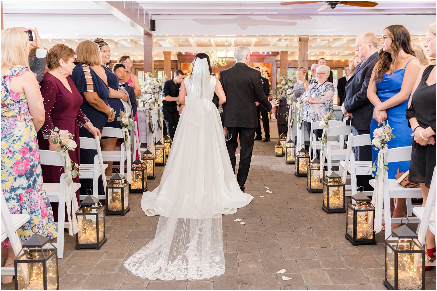 bride and dad enter rustic wedding ceremony at Hamilton Manor