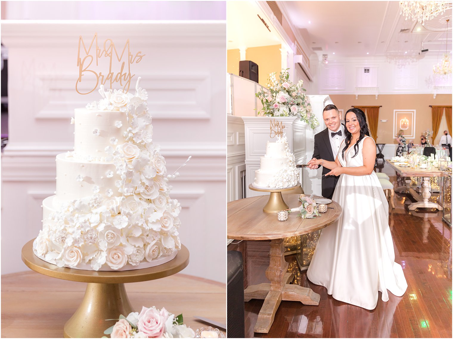newlyweds cut tiered wedding cake on gold stand