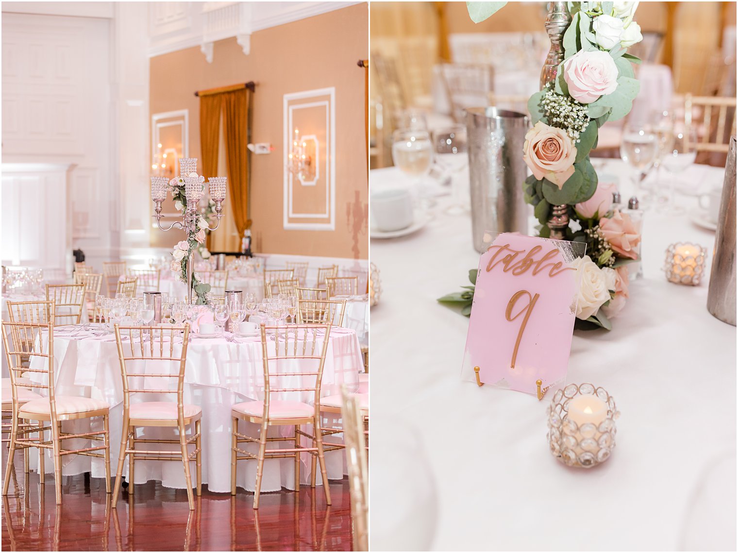 pink and gold wedding centerpieces with candles at Hamilton Manor