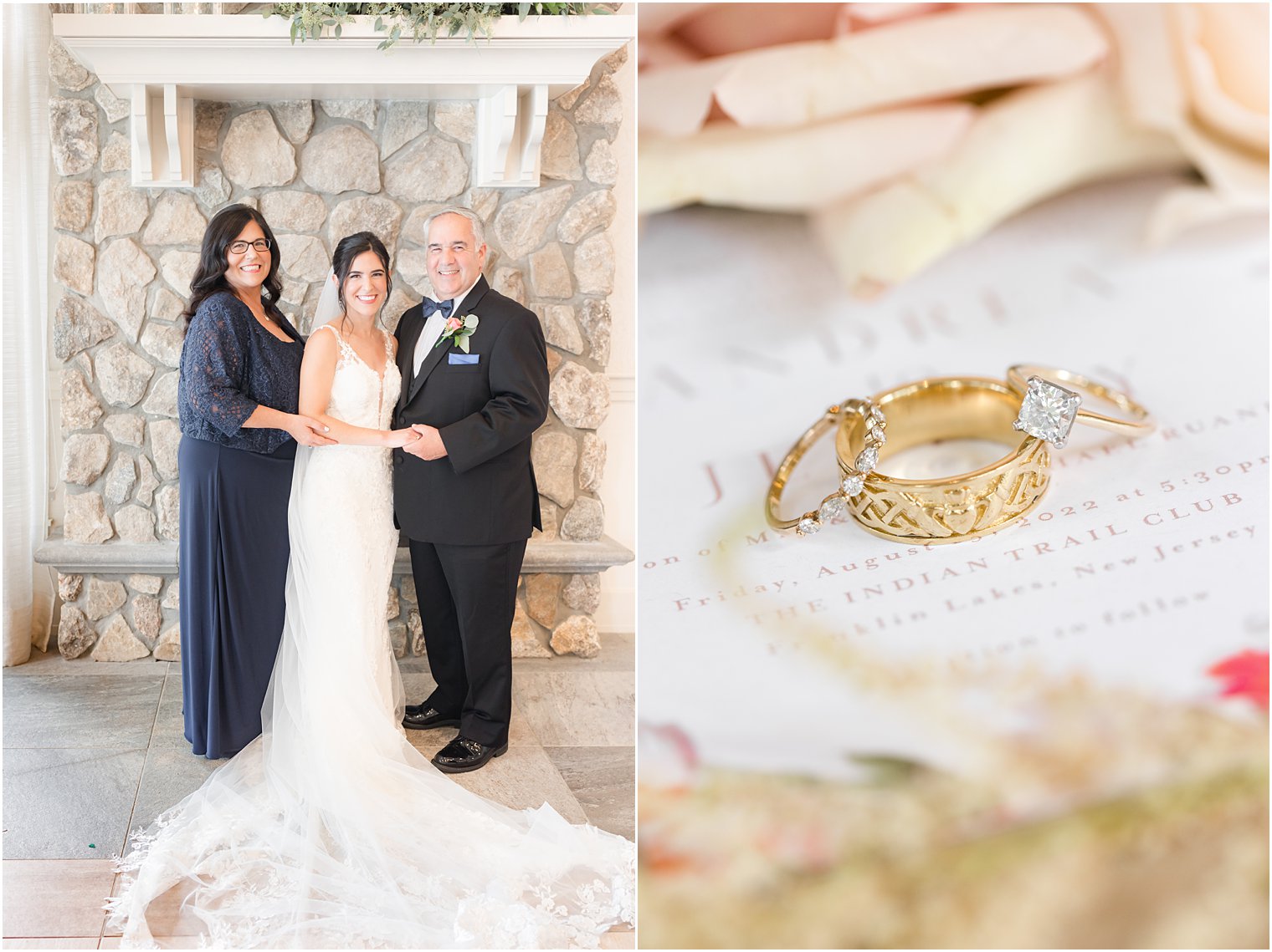 bride stands with parents by stone fireplace at Indian Trail Club