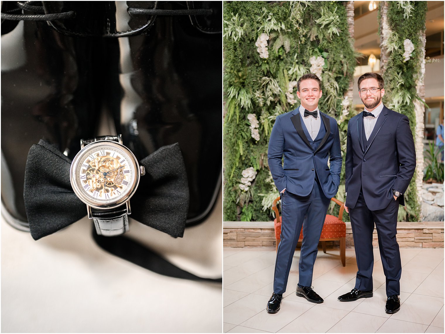 groom in navy suit poses with groomsman at Indian Trail Club