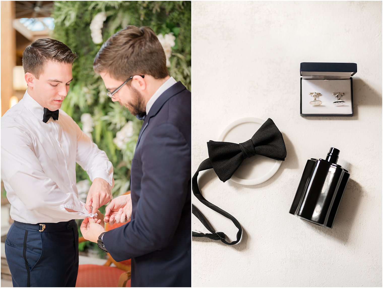 groomsman helps groom with cufflinks for NJ wedding day