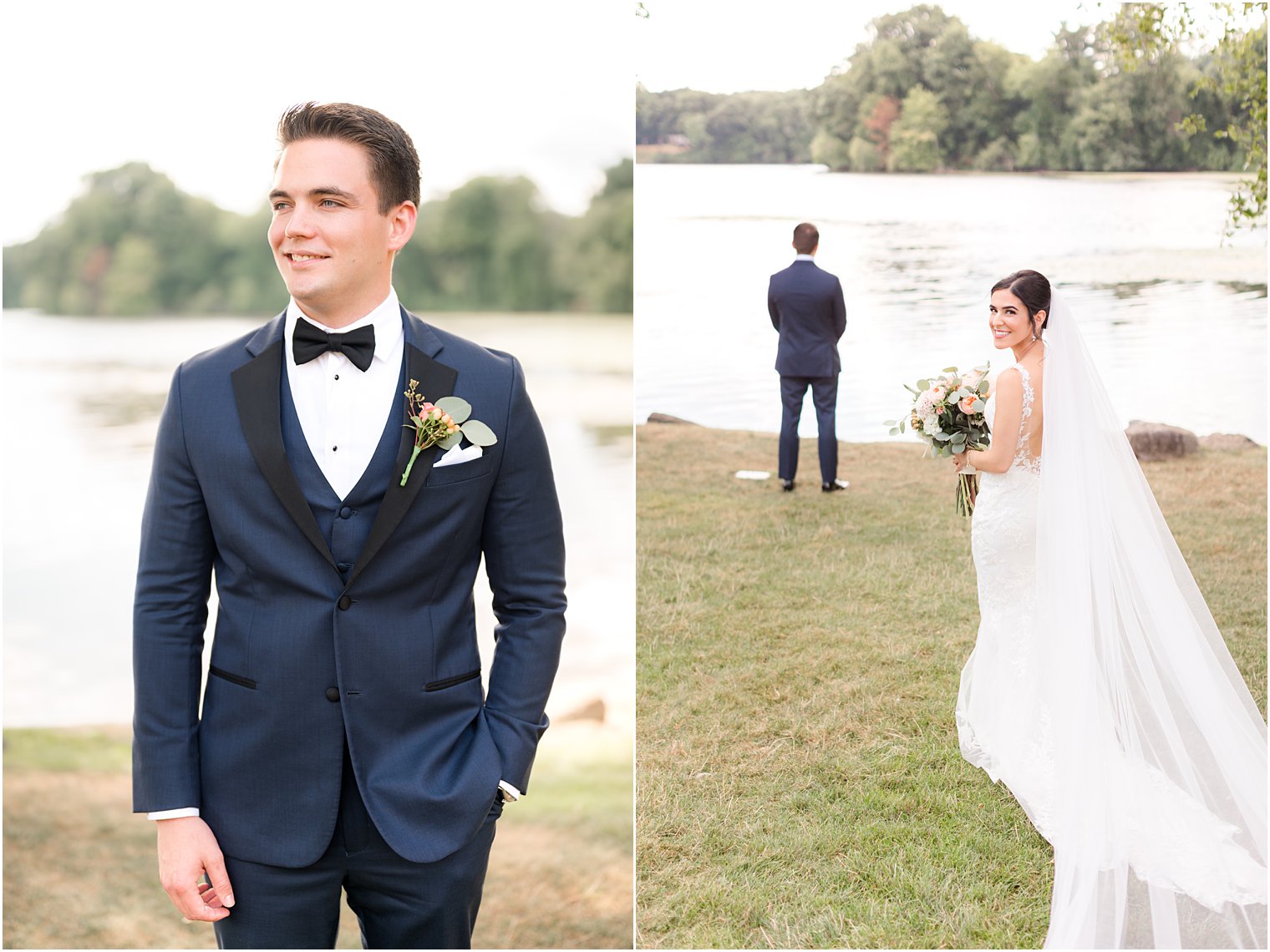 bride approaches groom at lake for first look