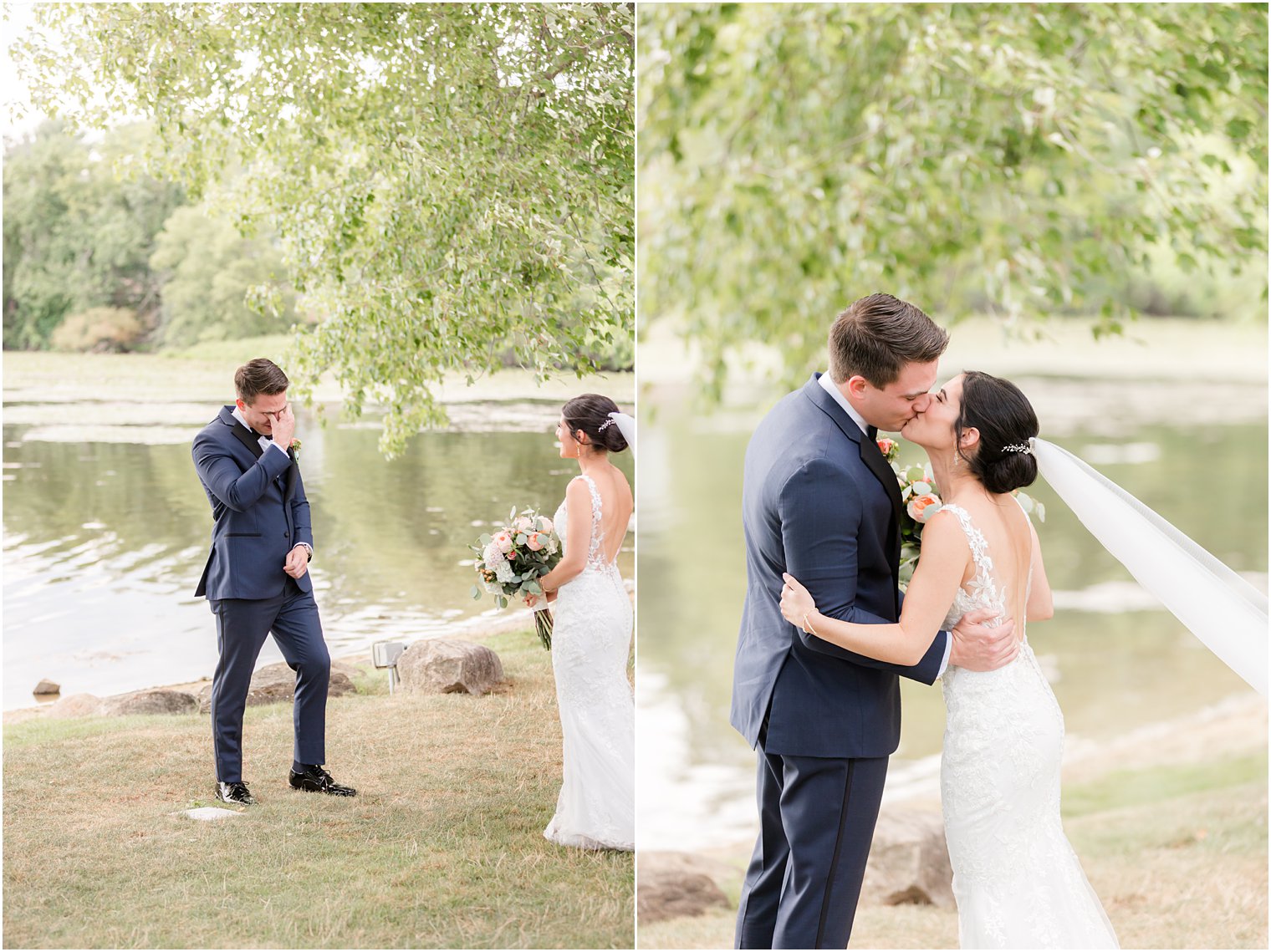 bride and groom kiss during first look by water at Indian Trail Club