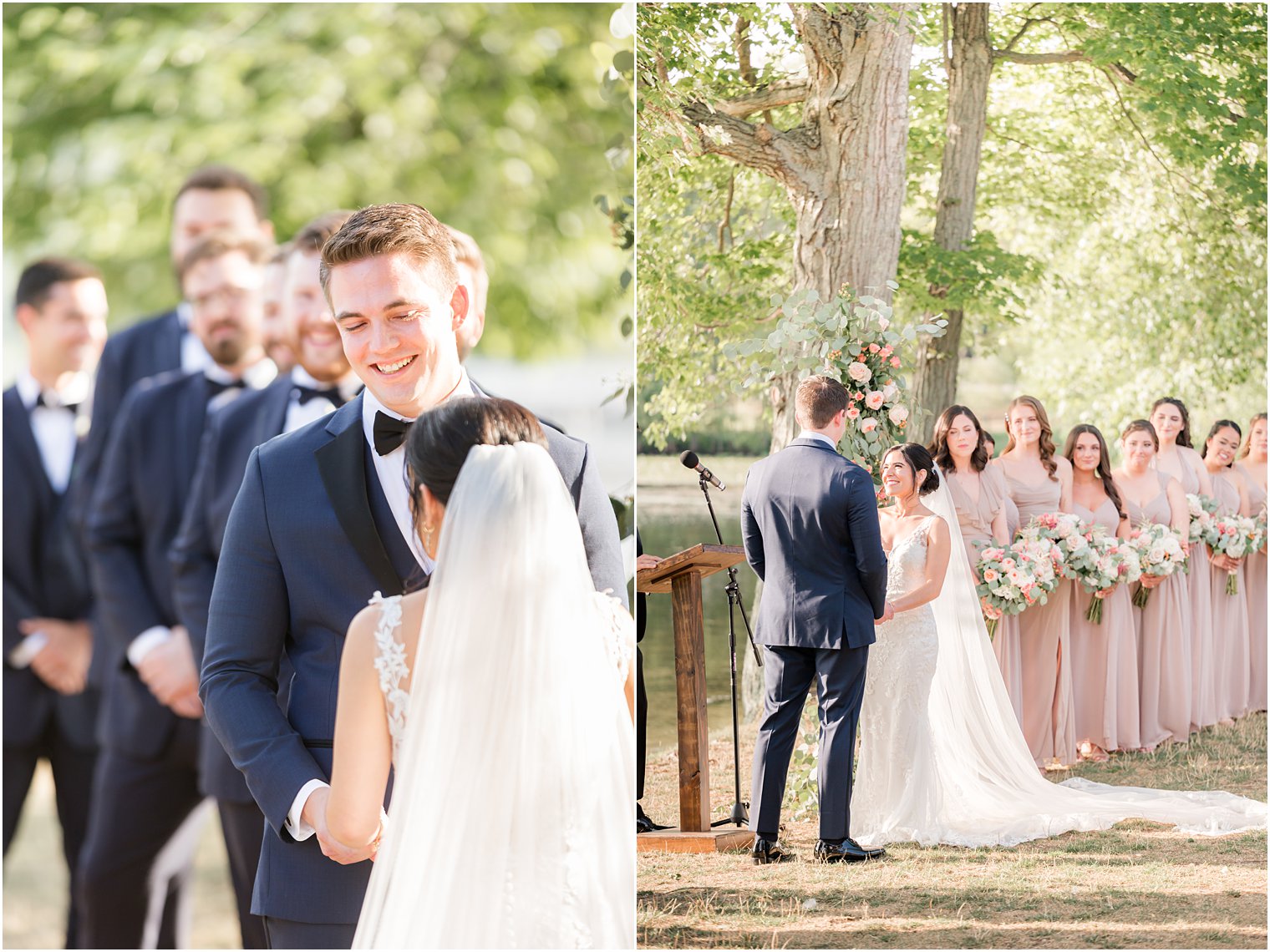 bride and groom hold hands during outdoor wedding ceremony by water in Franklin Lakes NJ